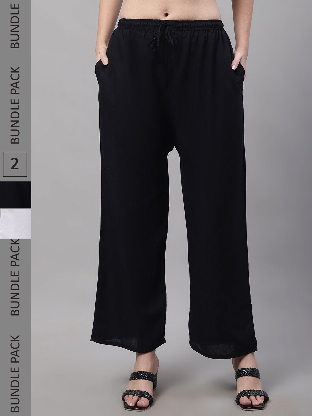 

Jinfo Women Pack Of 2 Straight Fit Knitted Palazzos, Black