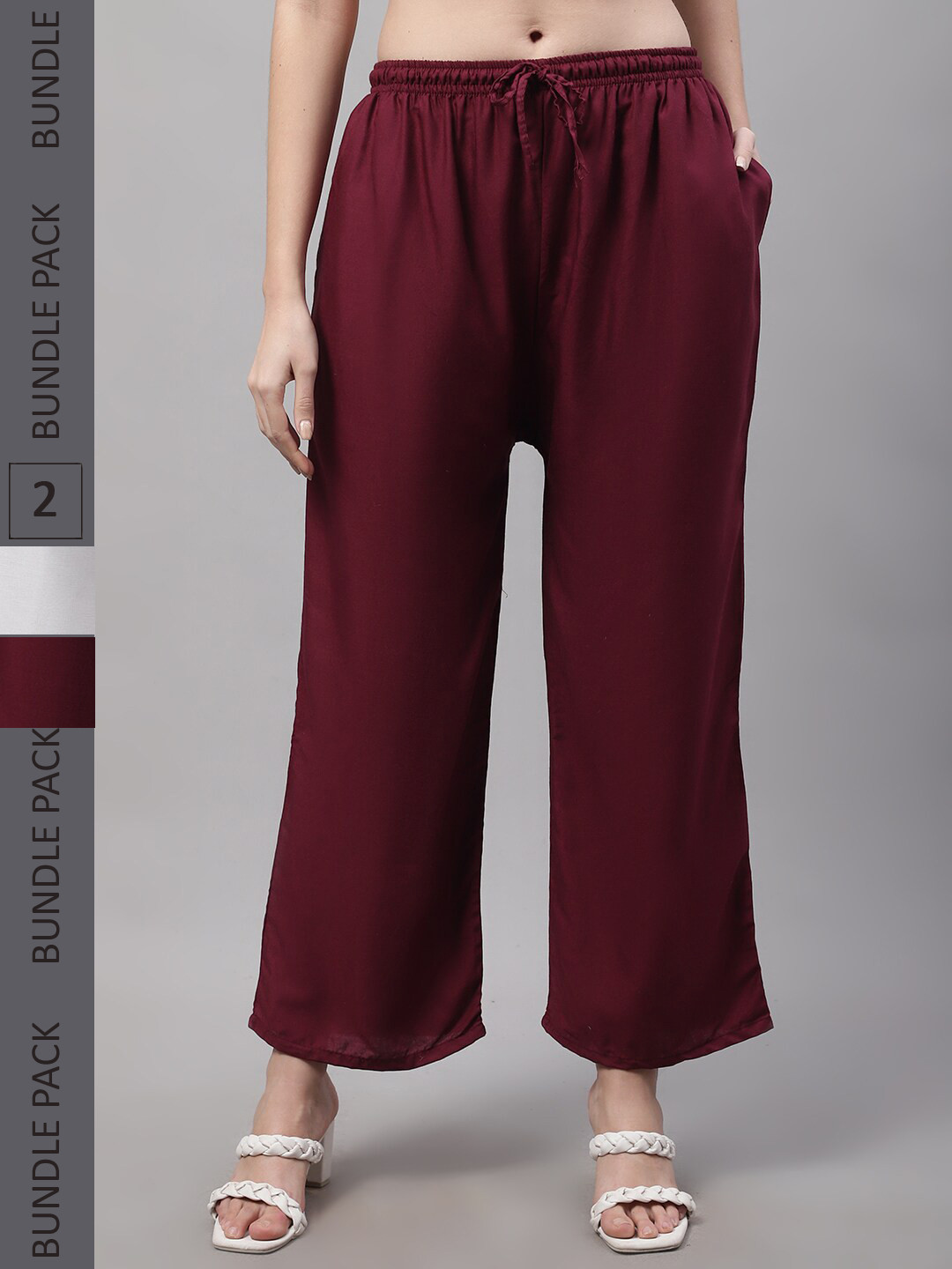 

Jinfo Women Pack Of 2 Straight Fit Knitted Palazzos, Off white