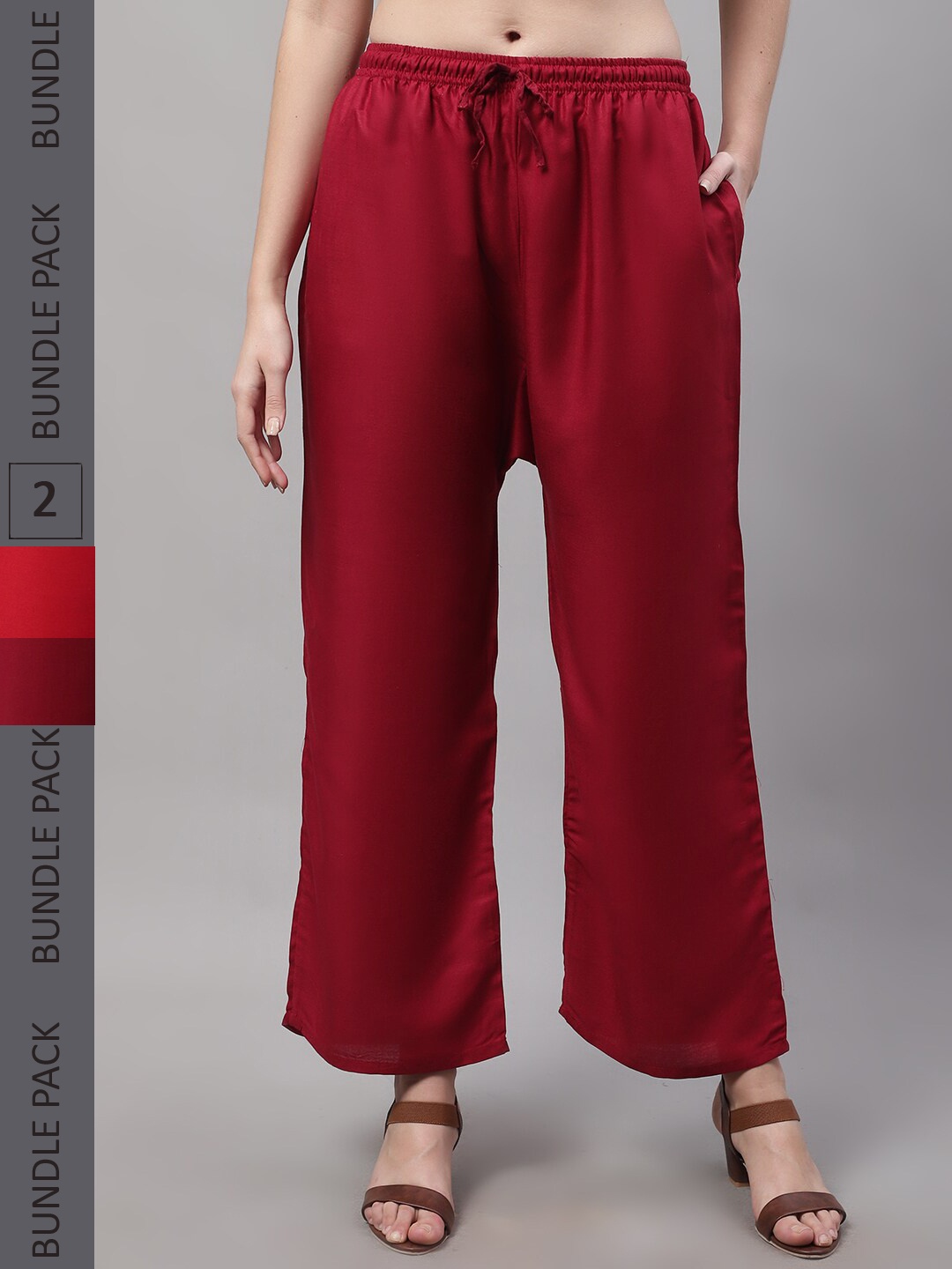 

Jinfo Women Pack Of 2 Straight Fit Knitted Palazzos, Red