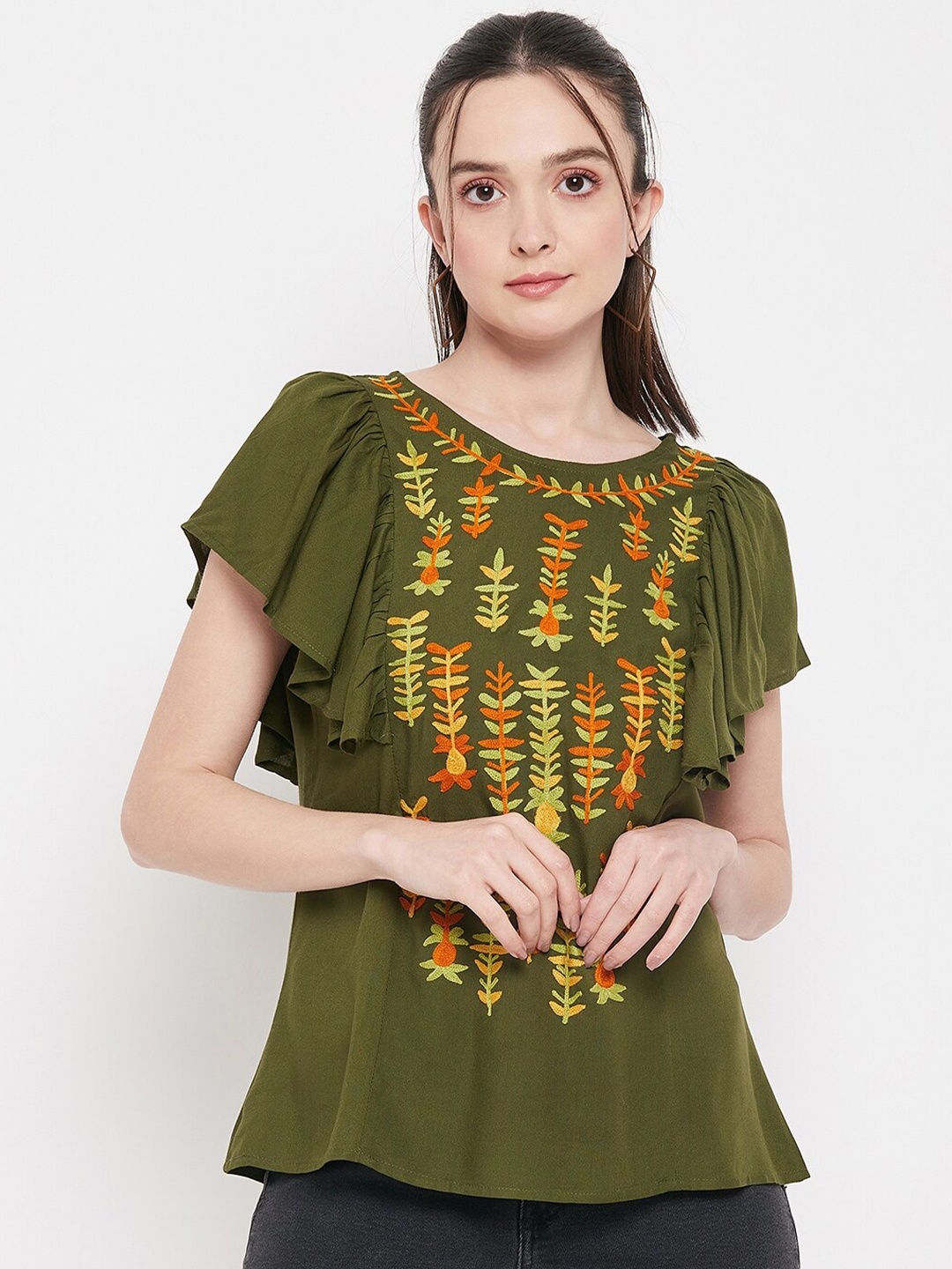 

Ruhaans Floral Print Flutter Sleeve Top, Green