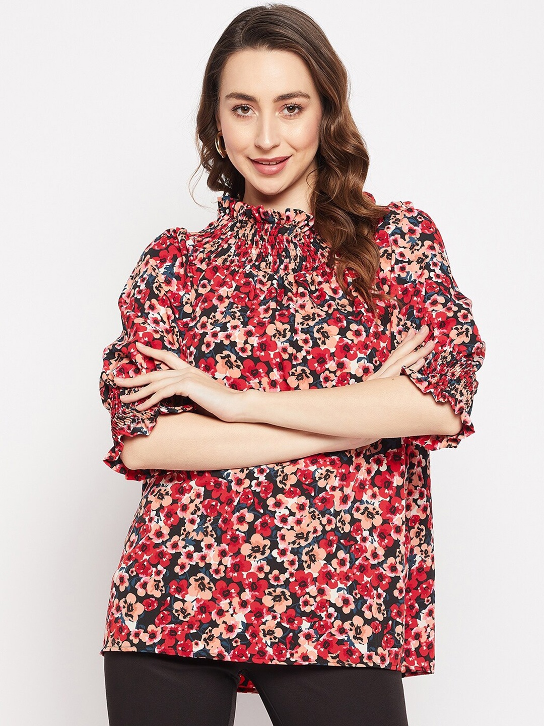 

Ruhaans Floral Print Mandarin Collar Crepe Top, Black