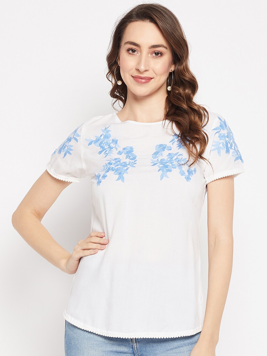 

Ruhaans Round Neck Embroidered Top, White
