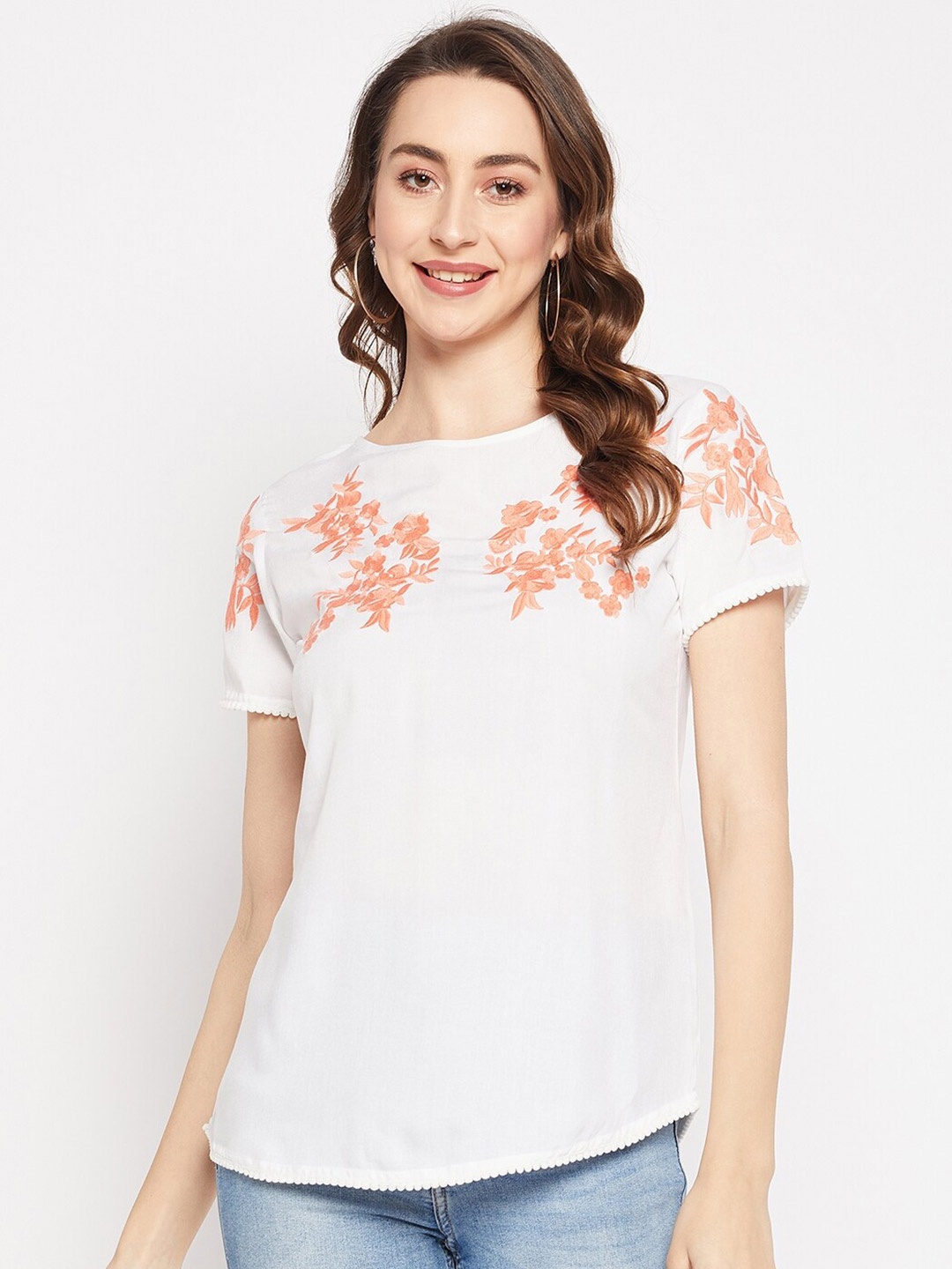 

Ruhaans Floral Embroidered Regular Top, White