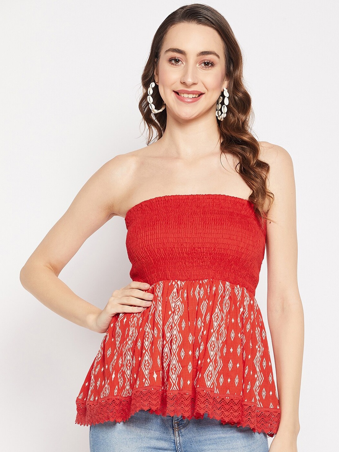 

Ruhaans Geometric Printed Strapless Smocked Cinched Waist Top, Red