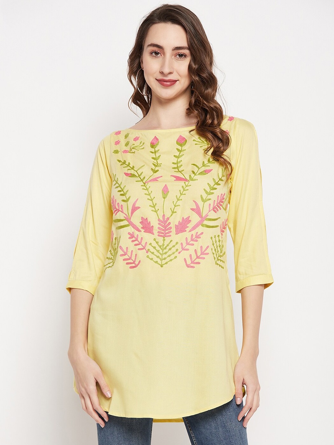 

Ruhaans Floral Embroidered Boat Neck Regular Longline Top, Yellow