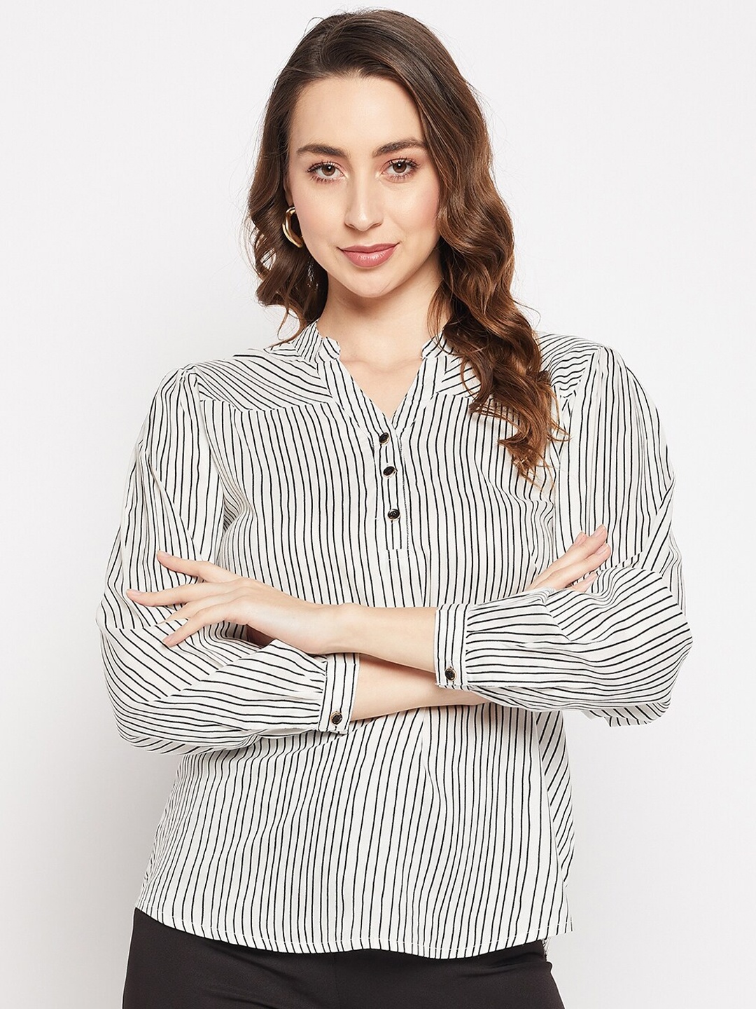 

Ruhaans Striped Mandarin Collar Shirt Style Top, Black