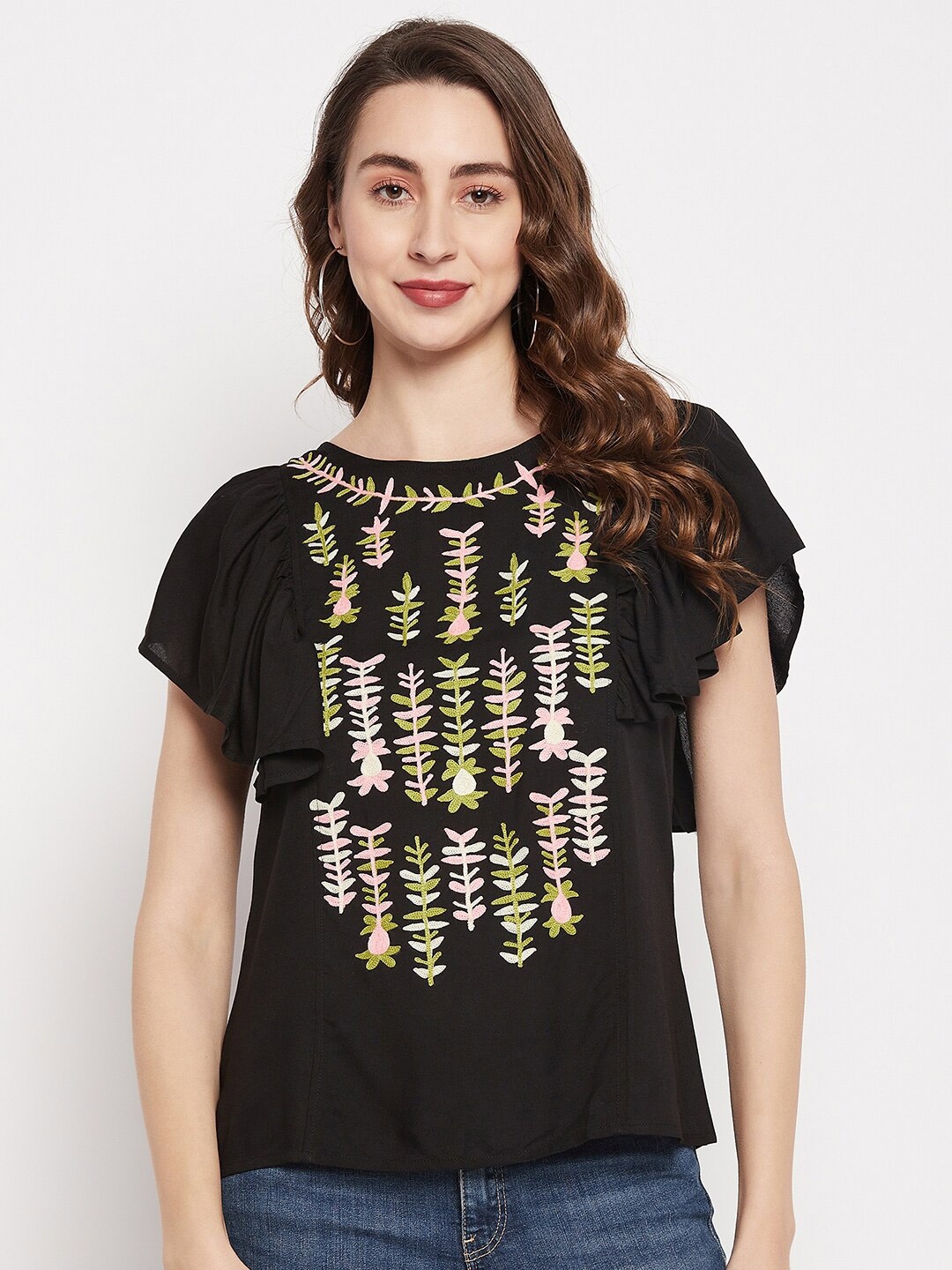 

Ruhaans Floral Embroidered Flutter Sleeves Regular Top, Black