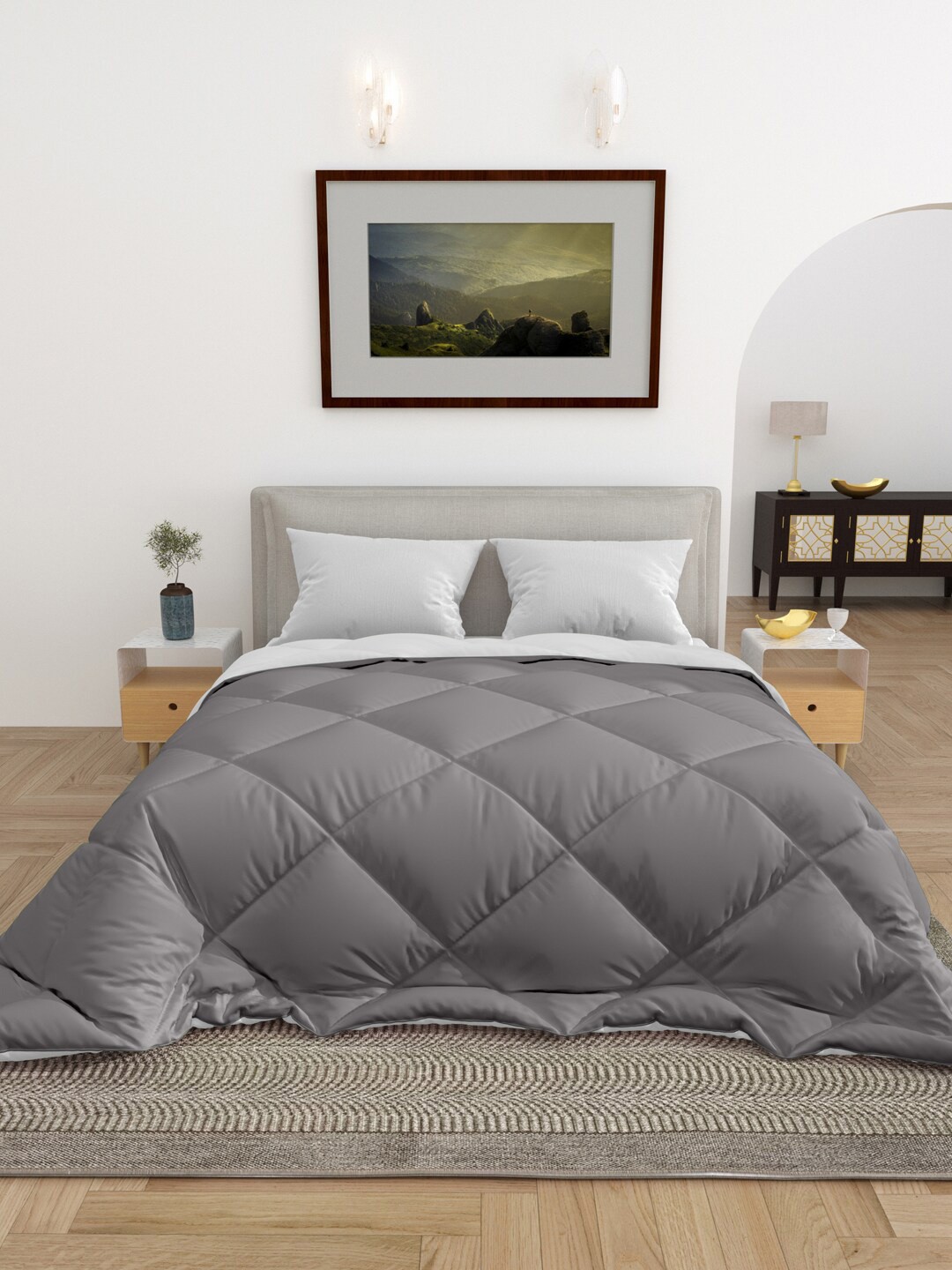 

RAASO White & Grey Cotton AC Room 200 GSM King Size Reversible Comforter with Bag