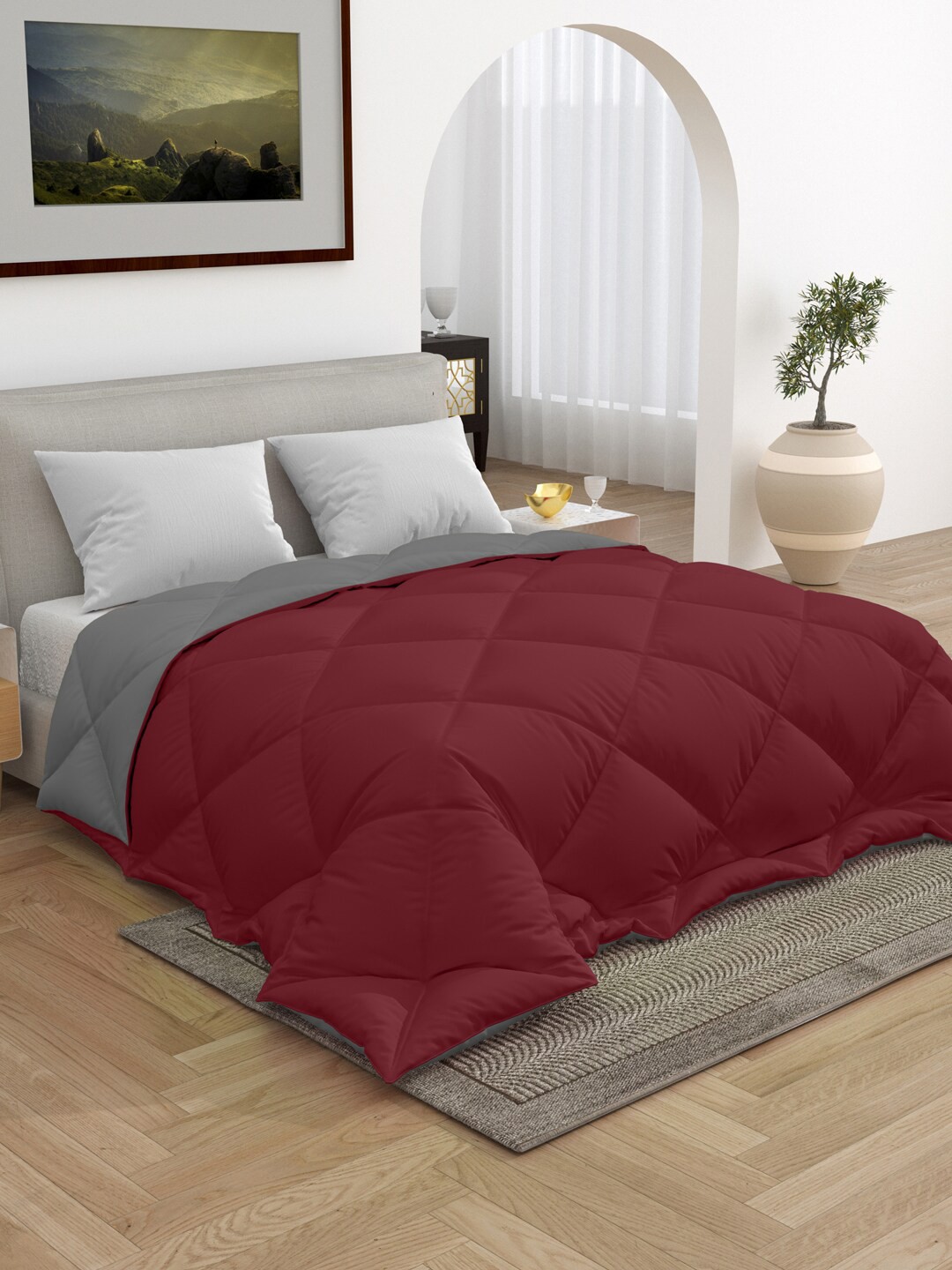 

RAASO Maroon & Light Grey Cotton AC Room 200 GSM King Size Reversible Comforter with Bag