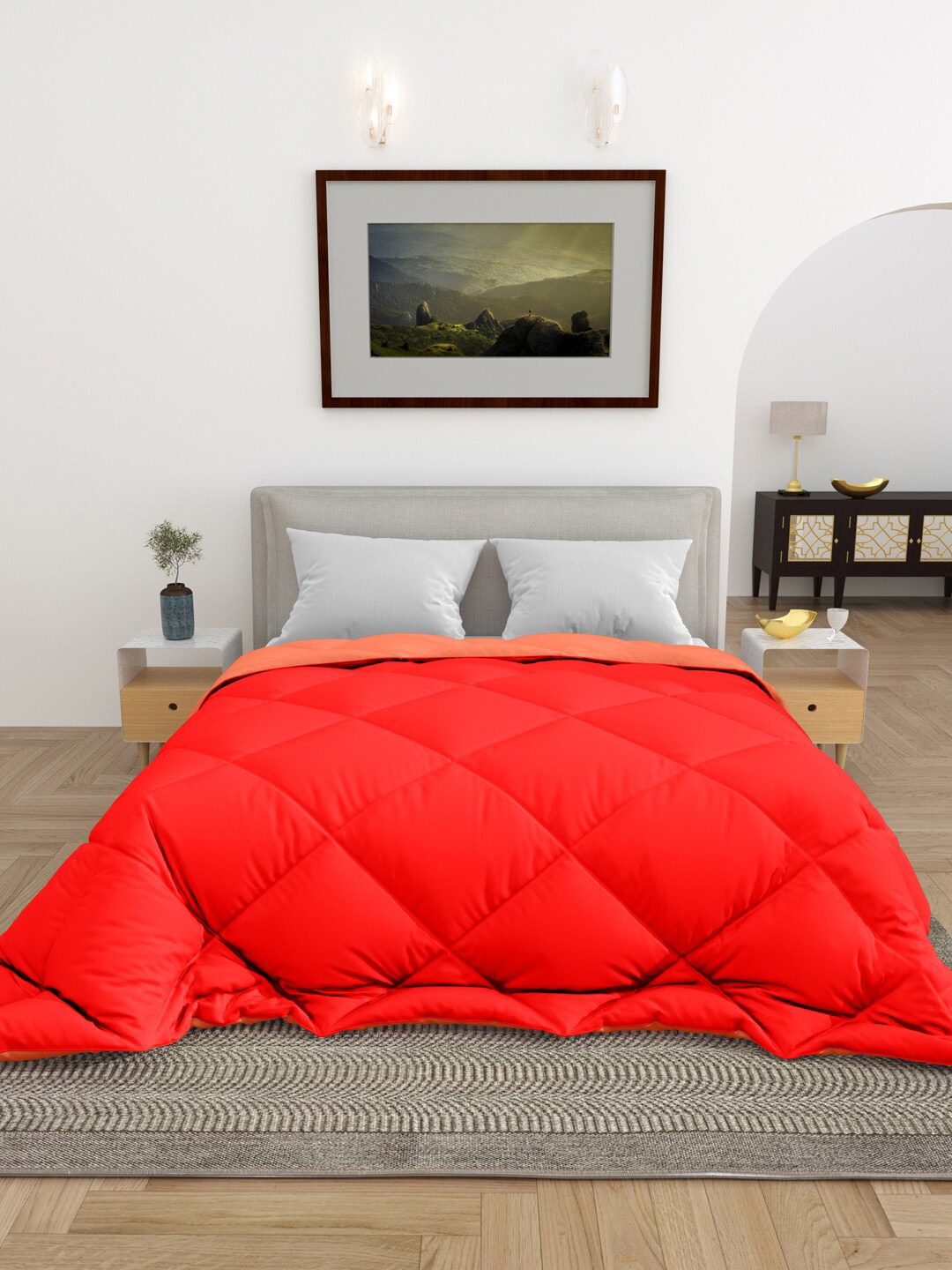 

RAASO Orange & Red Cotton AC Room 200 GSM King Size Reversible Comforter with Bag
