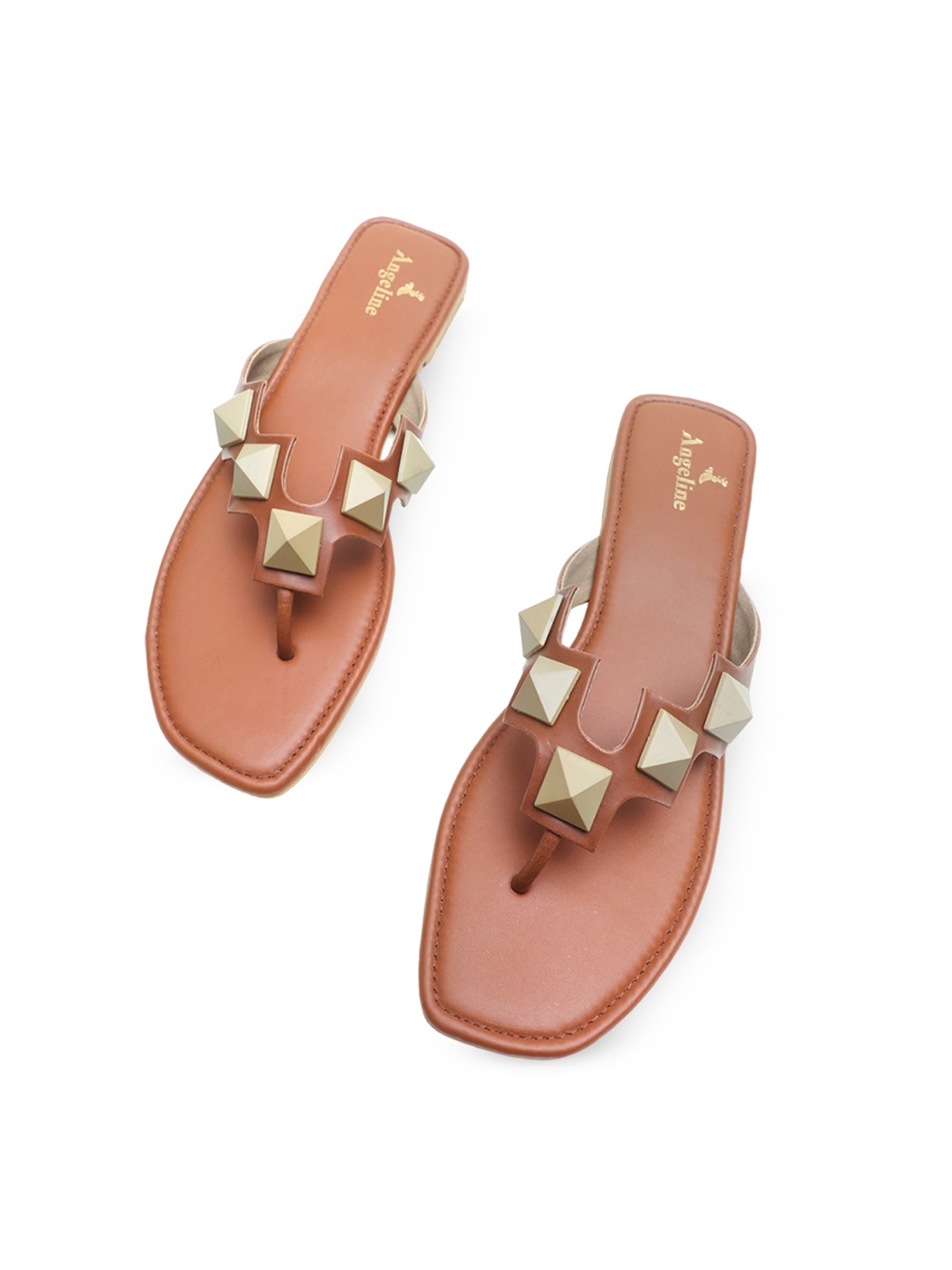 

Angeline Women Embellished Slip On Open Toe T-Straps Flats, Brown