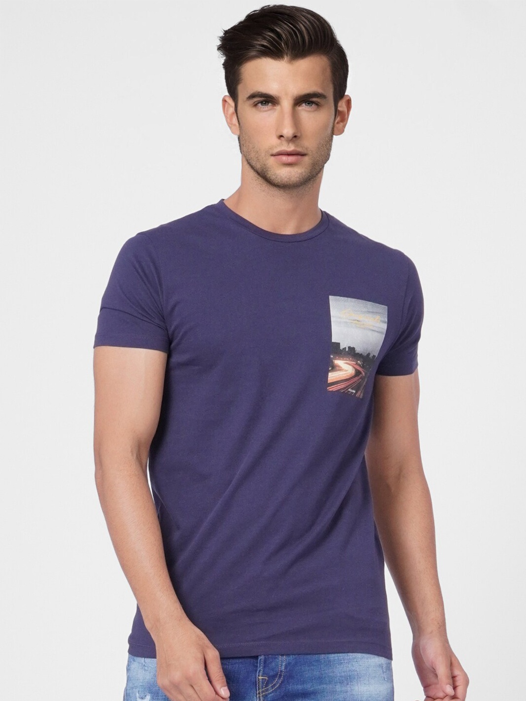 

Jack & Jones Graphic Printed Round Neck Cotton T-shirt, Navy blue