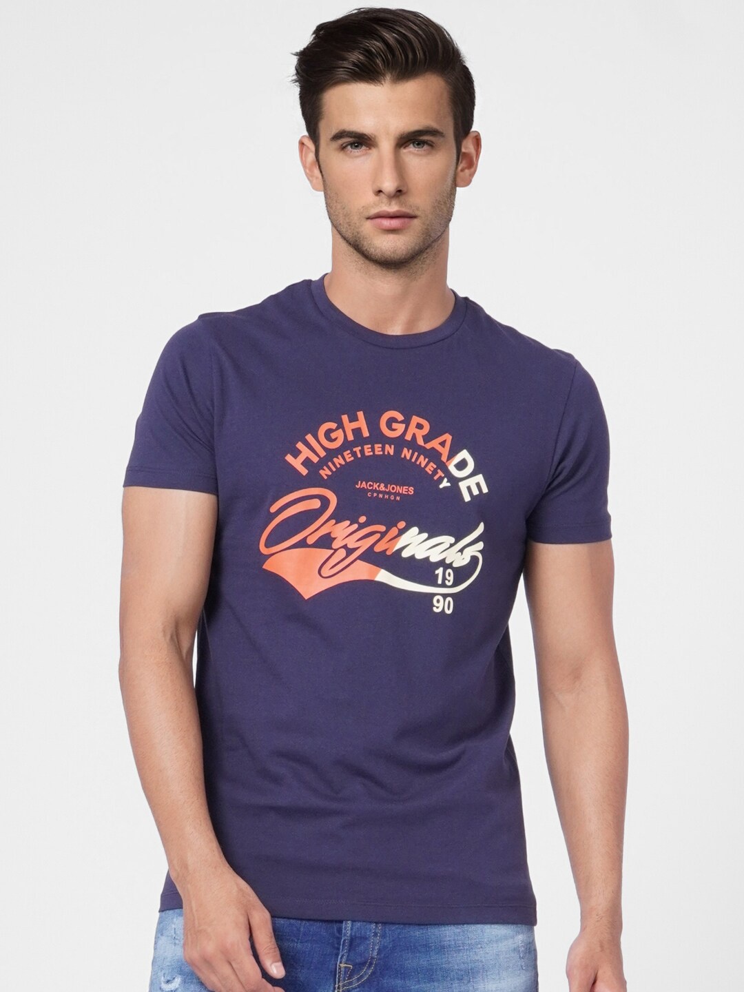 

Jack & Jones Typography Printed Round Neck Cotton T-shirt, Blue
