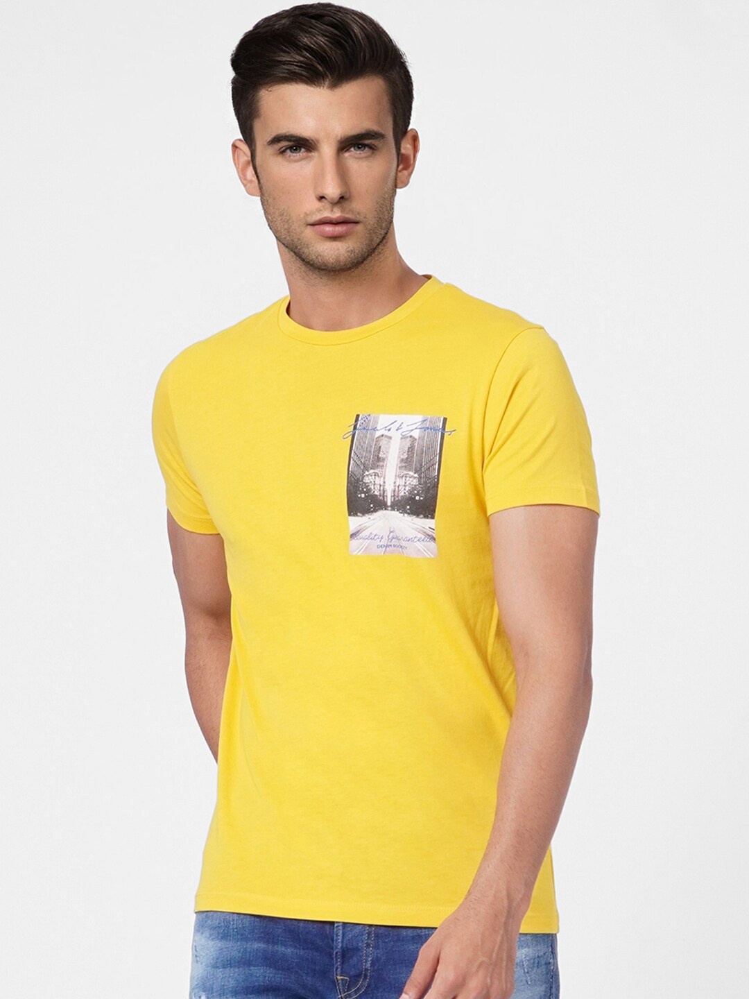 

Jack & Jones Graphic Printed Round Neck Cotton T-shirt, Yellow