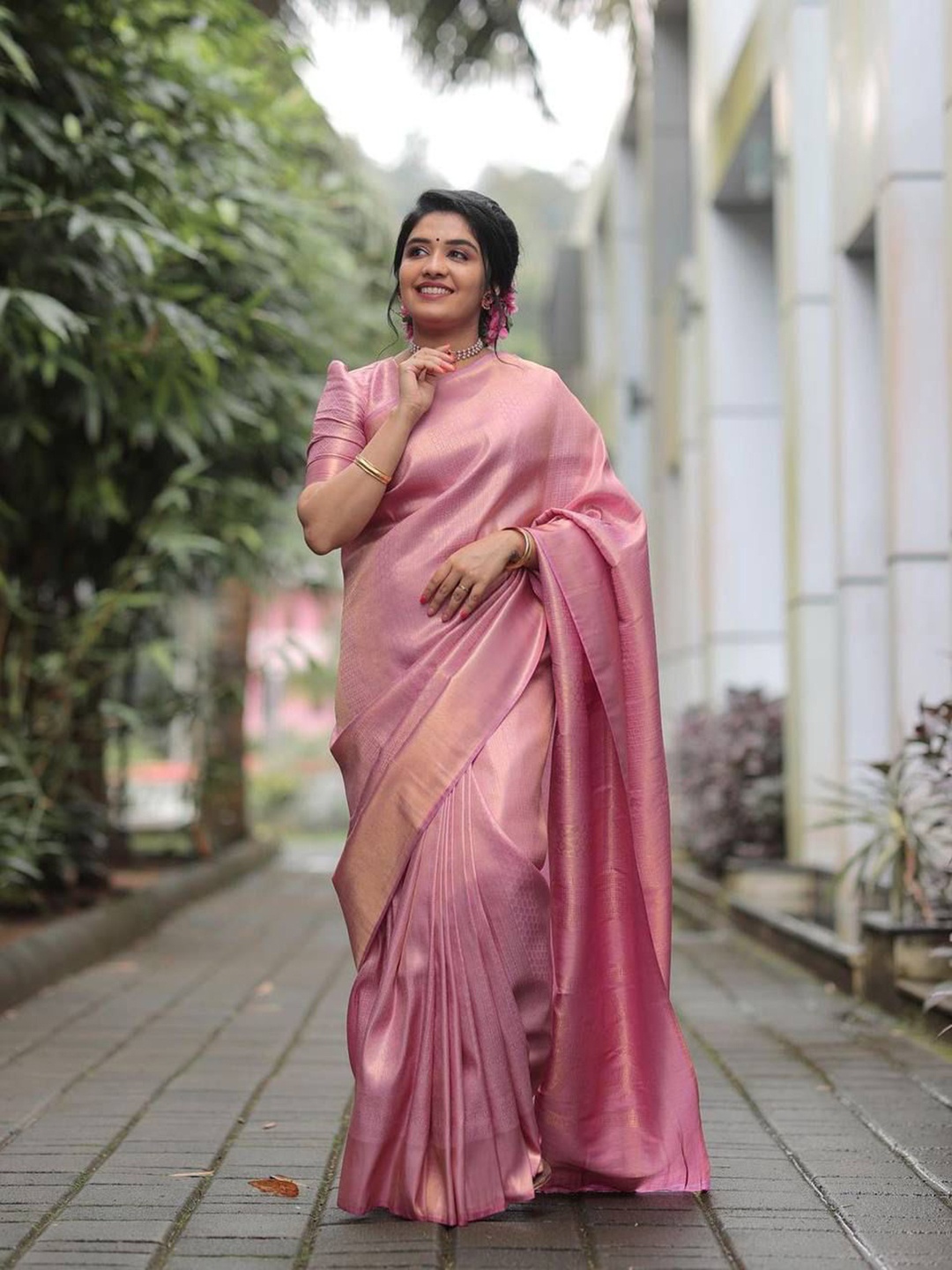 

Anjaneya Sarees Ethnic Motifs Woven Design Zari Banarasi Saree, Pink