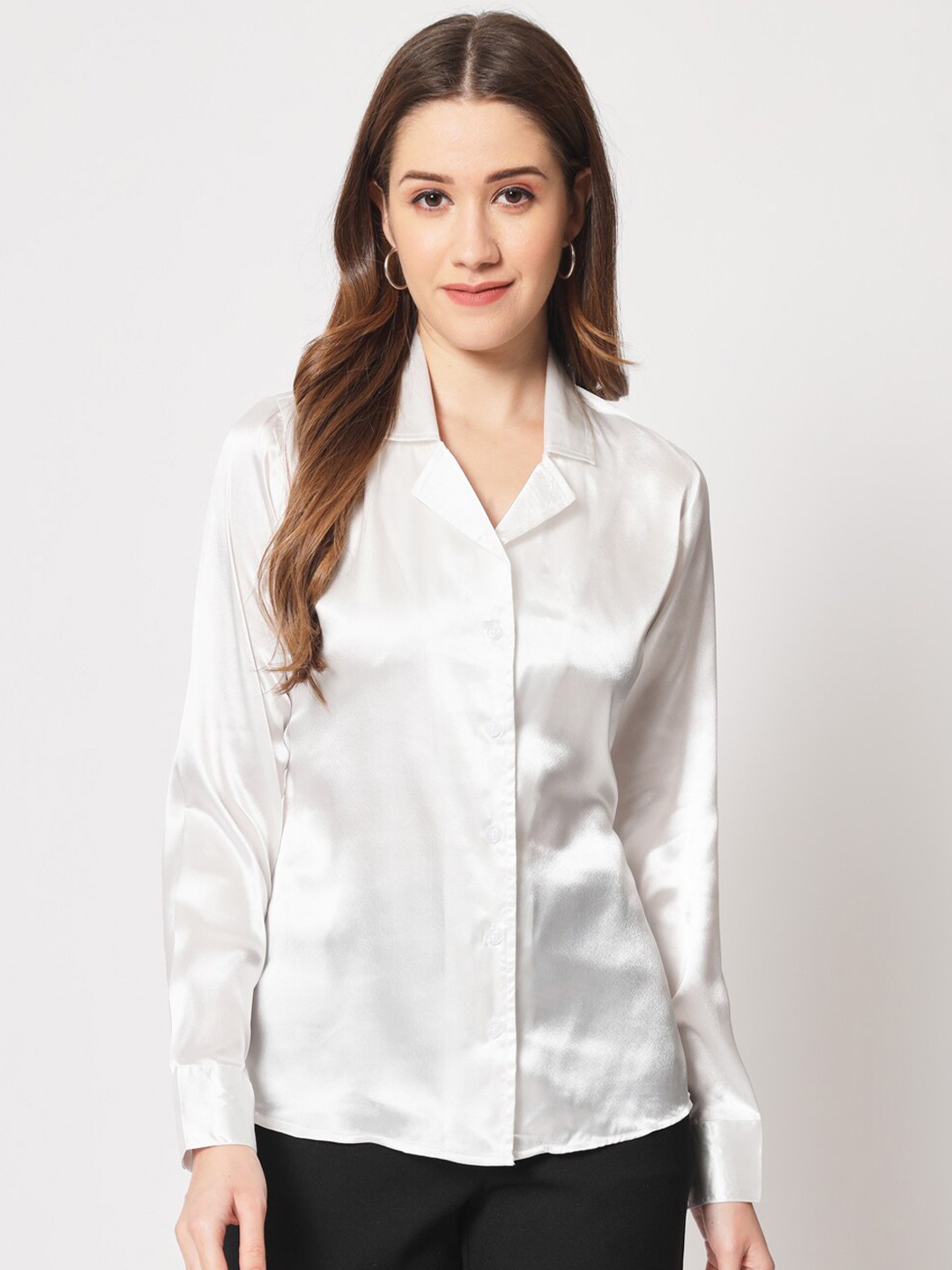 

CHARMGAL Spread Collar Satin Casual Shirt, White