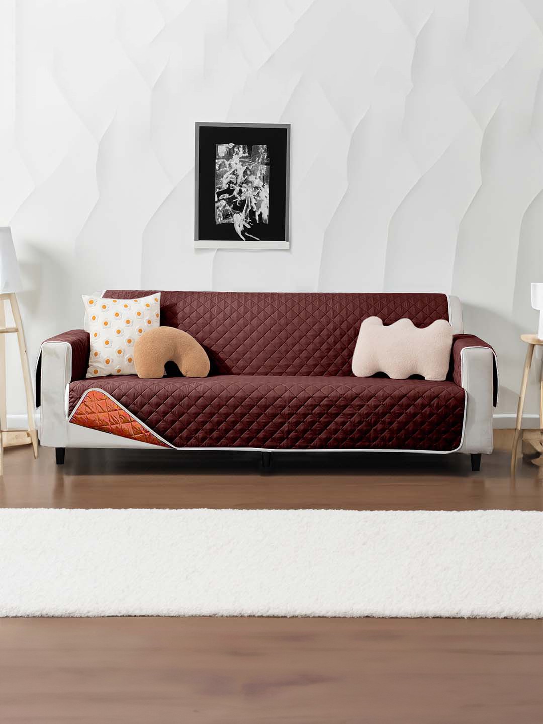 

Cortina Brown & Orange-Colored Quilted 2 Seater Reversible Sofa Cover With Arms
