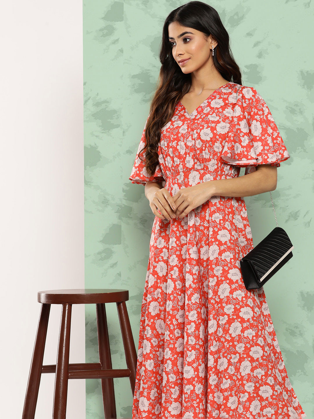 

Janasya Floral Print Flared Sleeve Crepe Fit & Flare Midi Dress, Orange
