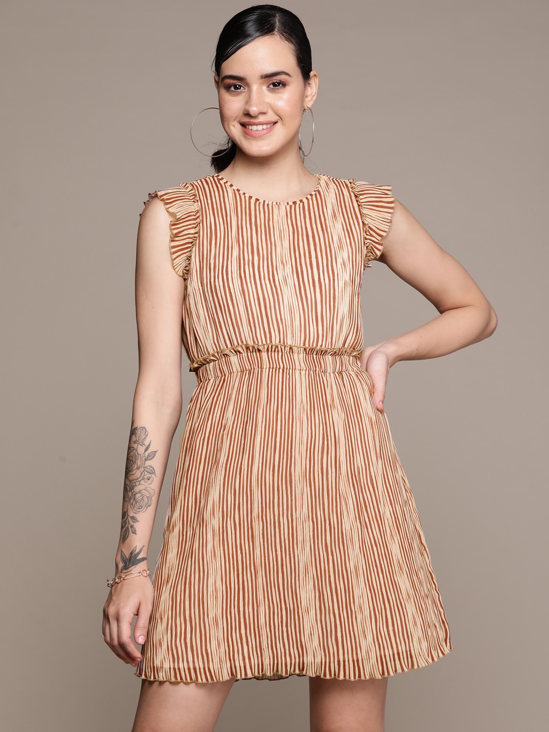 

Label Ritu Kumar Striped Flutter Sleeves Georgette Fit & Flare Mini Dress, Brown