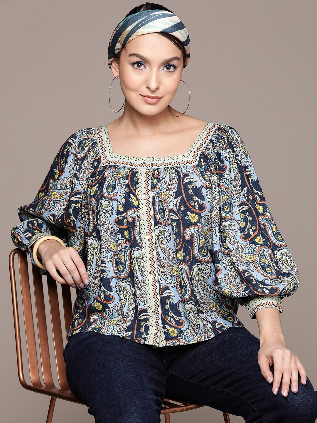 

Label Ritu Kumar Print Puff Sleeves Ethnic Top, Blue