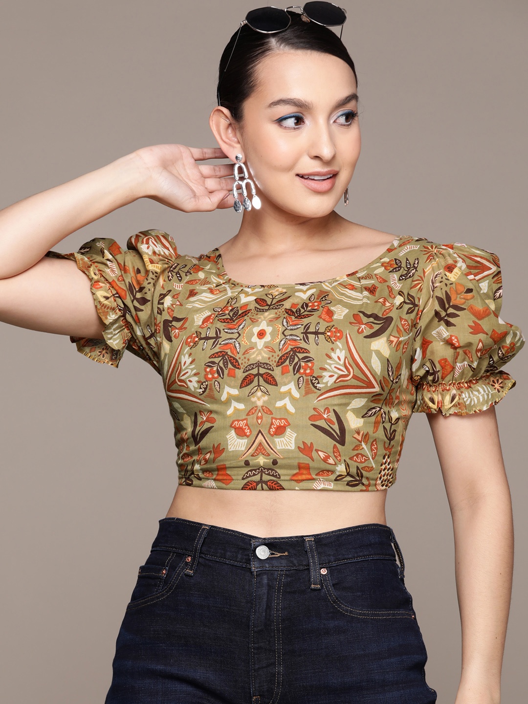 

Label Ritu Kumar Floral Print Puff Sleeves Cotton Crop Top, Olive