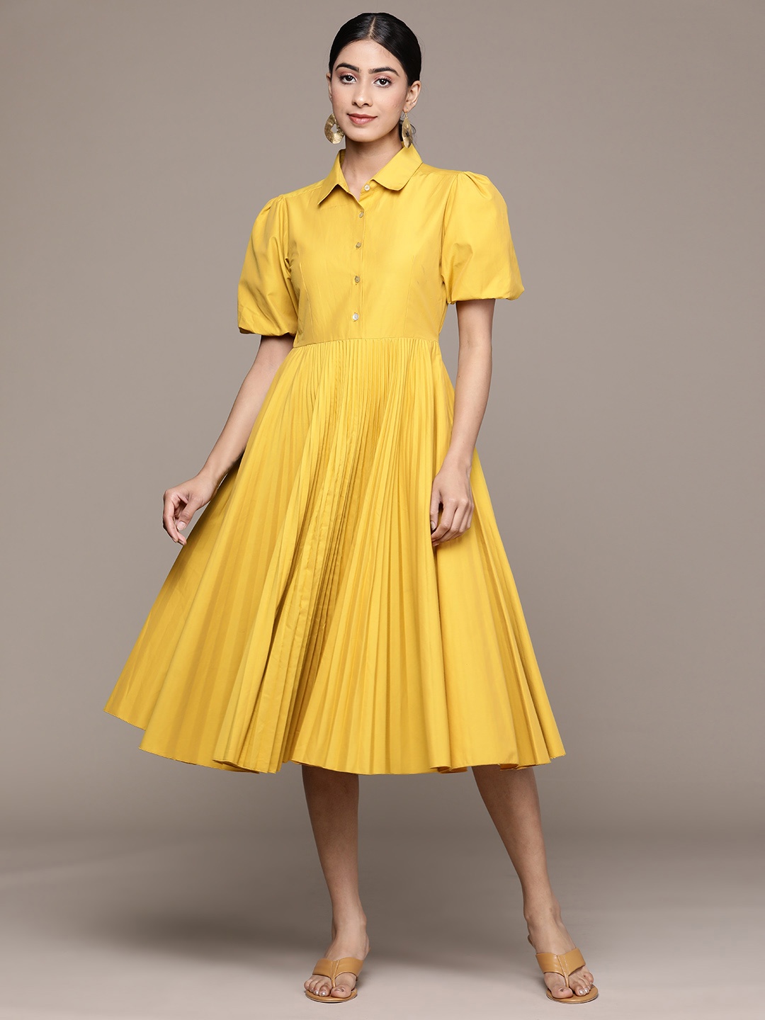 

Label Ritu Kumar Puff Sleeves Accordion Pleated A-Line Dress, Yellow