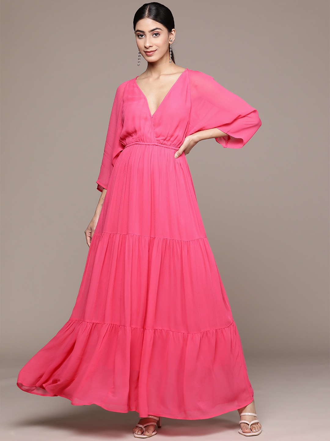 

Label Ritu Kumar Batwing Sleeves Georgette Tiered Maxi Wrap Dress, Pink