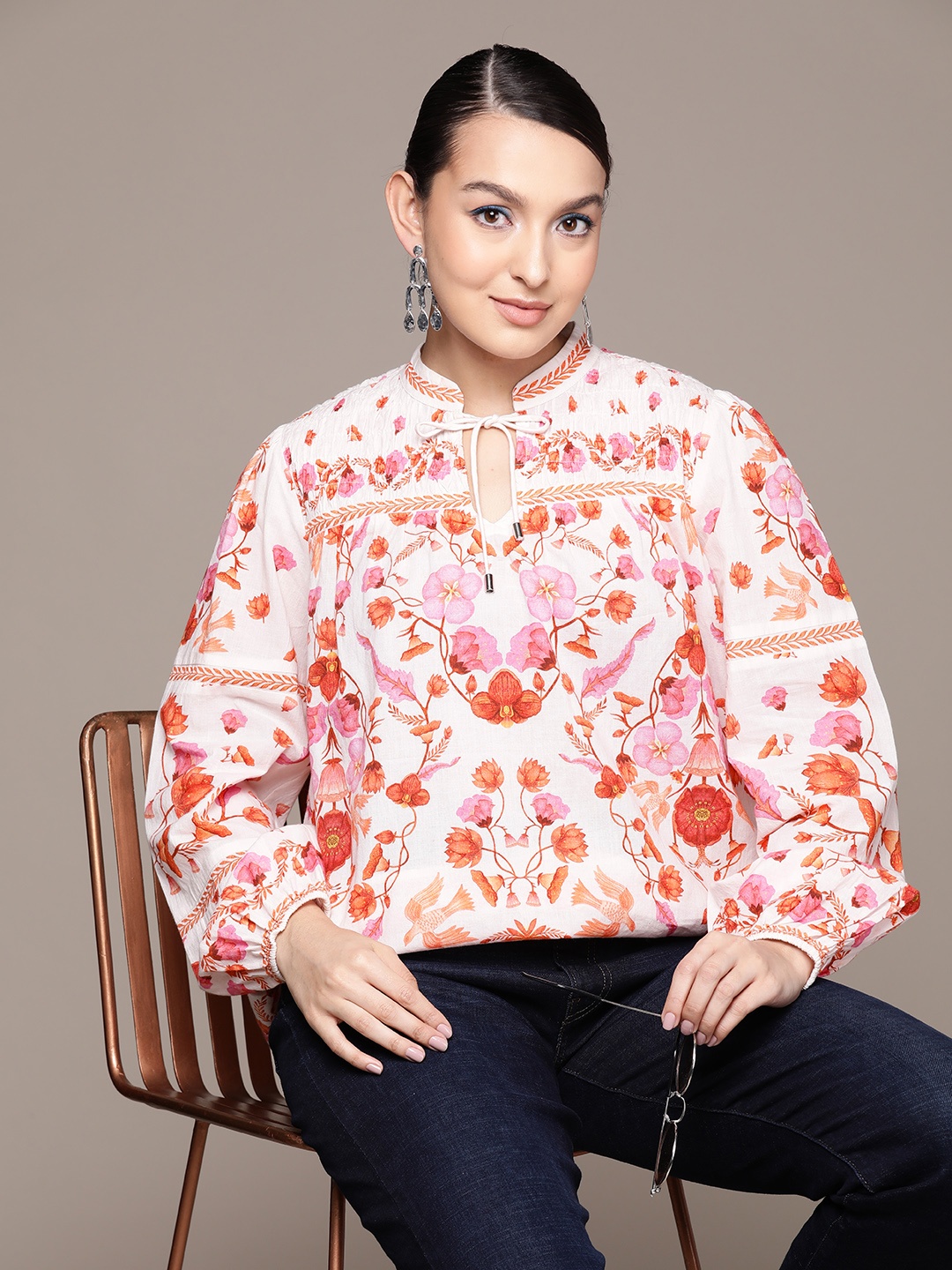 

Label Ritu Kumar Floral Print Tie-Up Neck Puff Sleeves Cotton Top, White