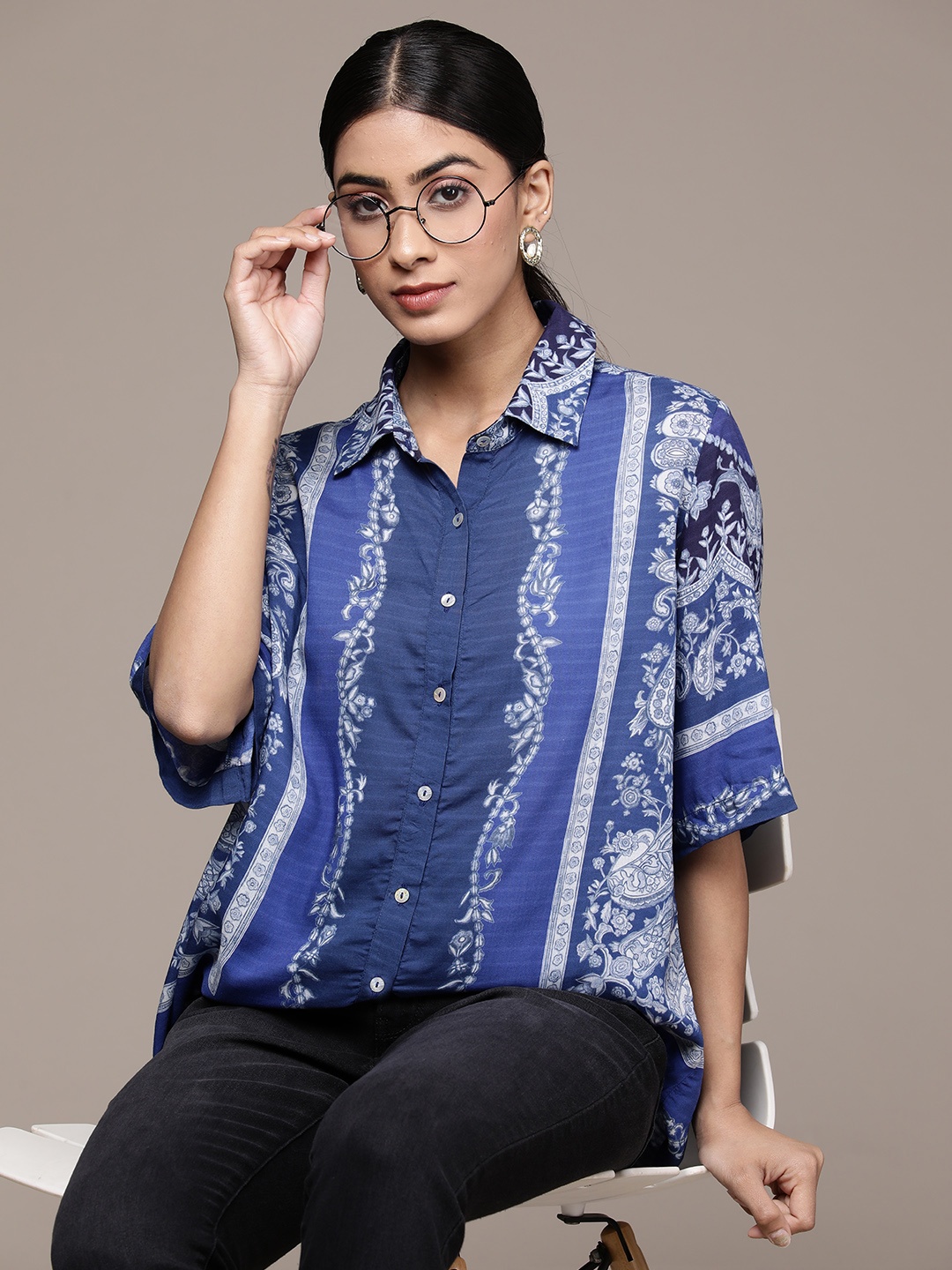 

Label Ritu Kumar Women Relaxed Opaque Printed Casual Shirt, Blue