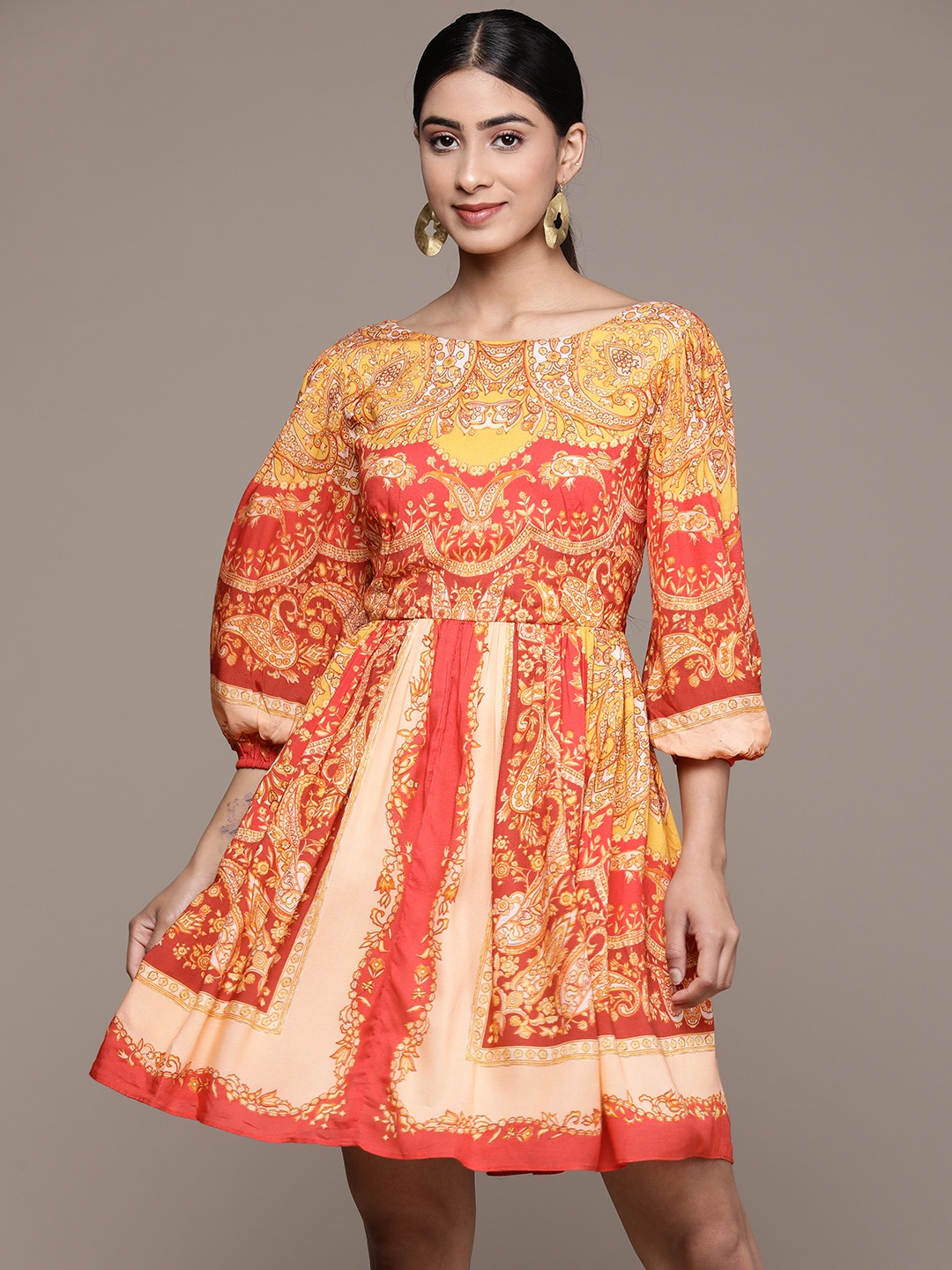 

Label Ritu Kumar Ethnic Motifs Print Puff Sleeves Fit & Flare Dress, Orange