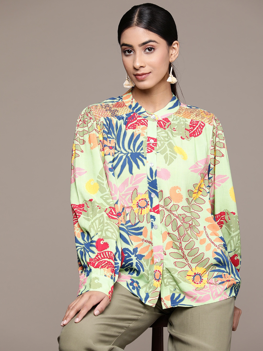 

Label Ritu Kumar Women Relaxed Floral Printed Formal Shirt, Green