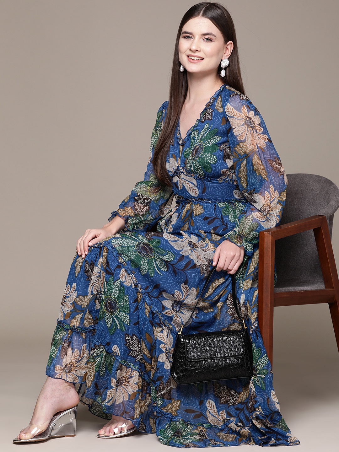 

Label Ritu Kumar Floral Print Bishop Sleeves Tiered Chiffon Fit & Flare Maxi Dress, Navy blue