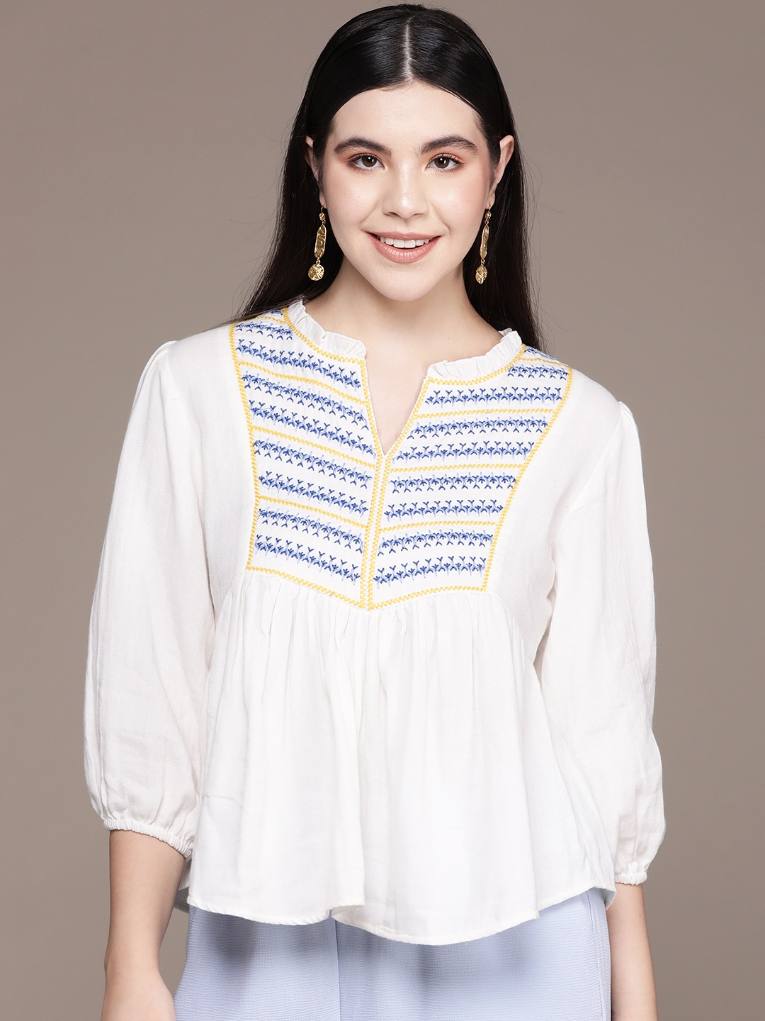 

Label Ritu Kumar Embroidered Mandarin Collar Puff Sleeves Cotton Peplum Top, White