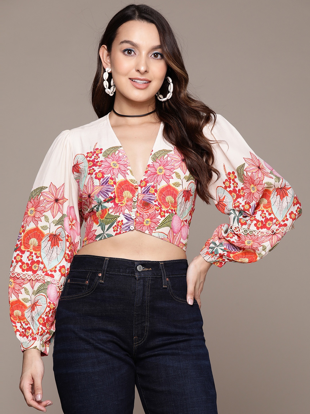 

Label Ritu Kumar Floral Print Puff Sleeves Crepe Crop Top, White