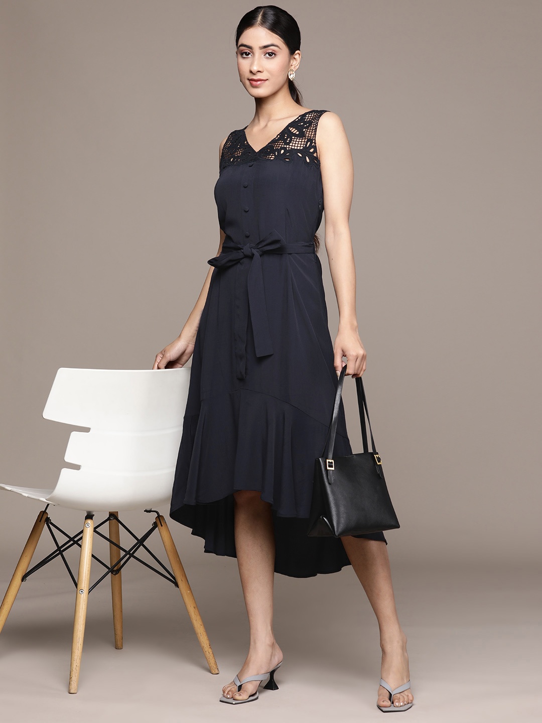 

Label Ritu Kumar Crepe A-Line Midi Dress With Tie-Up Detail, Navy blue