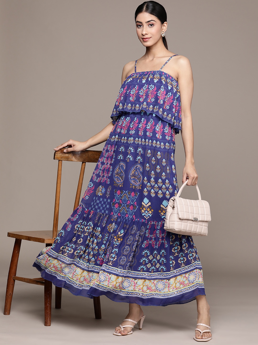 

Label Ritu Kumar Floral Print Layered Georgette Maxi Dress, Blue