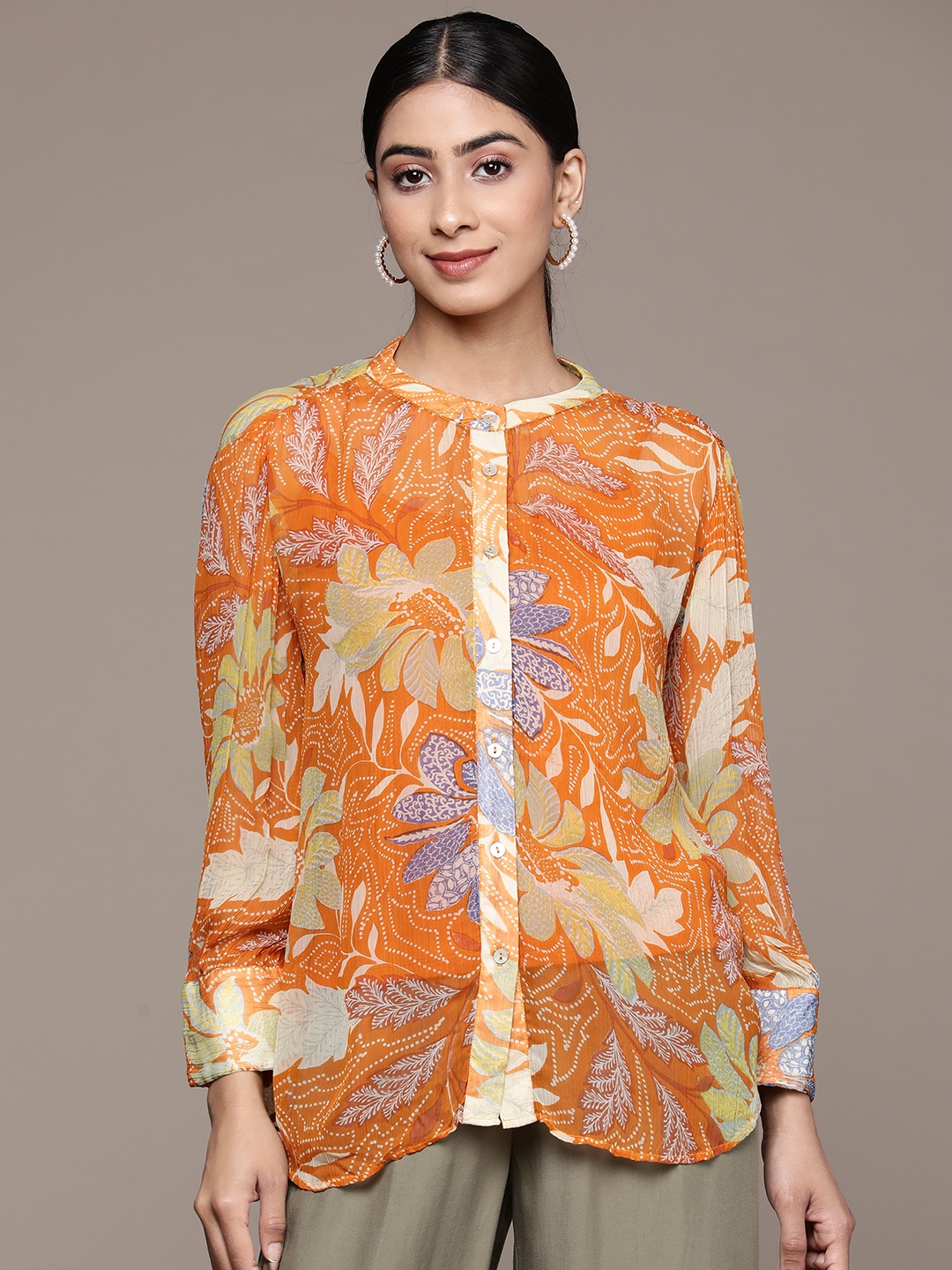 

Label Ritu Kumar Women Relaxed Floral Semi Sheer Printed Formal Shirt With Inner, Orange