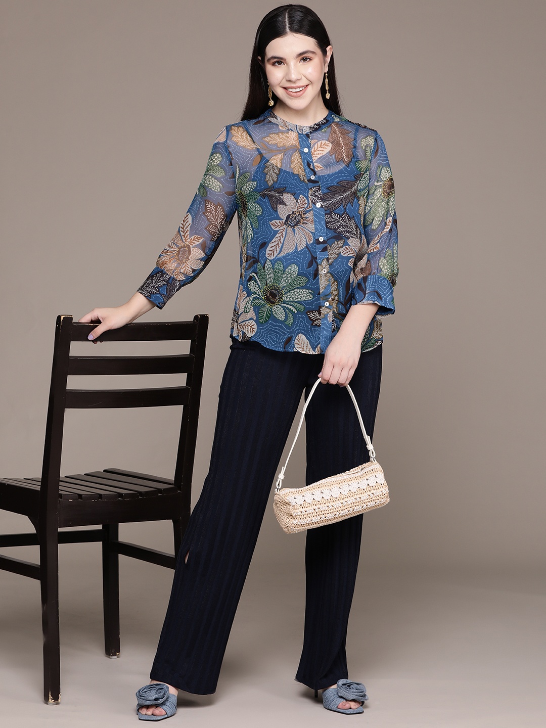 

Label Ritu Kumar Relaxed Floral Sheer Printed Casual Shirt & Camisole, Blue