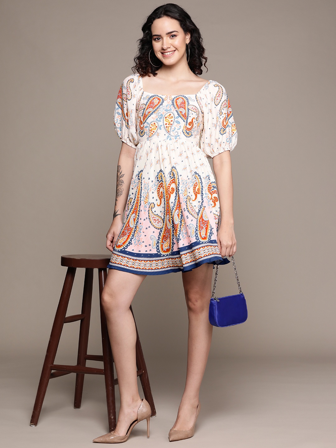 

Label Ritu Kumar Ethnic Motifs Print Puff Sleeves Crepe Fit & Flare Mini Dress, White