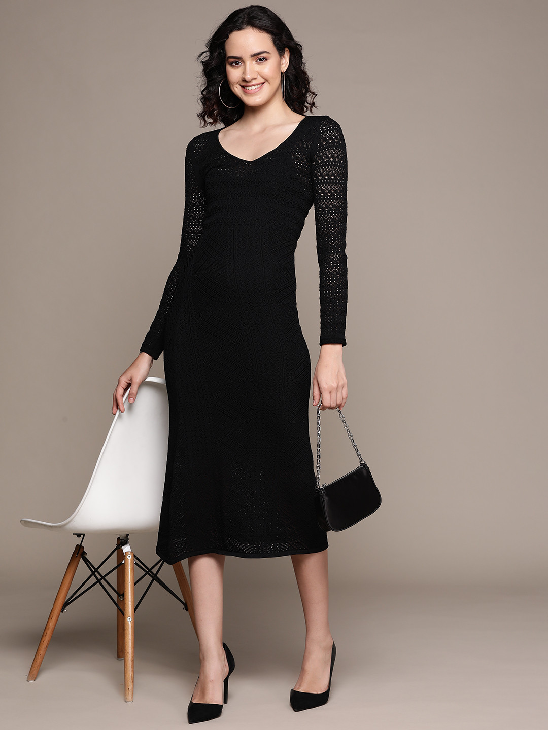 

Label Ritu Kumar Jacquard Bodycon Midi Dress & Camisole, Black