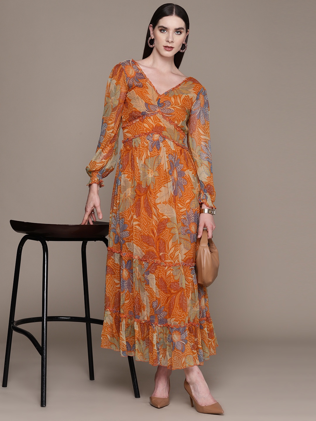 

Label Ritu Kumar Floral Print Puff Sleeve Ruffled Chiffon A-Line Maxi Dress, Orange