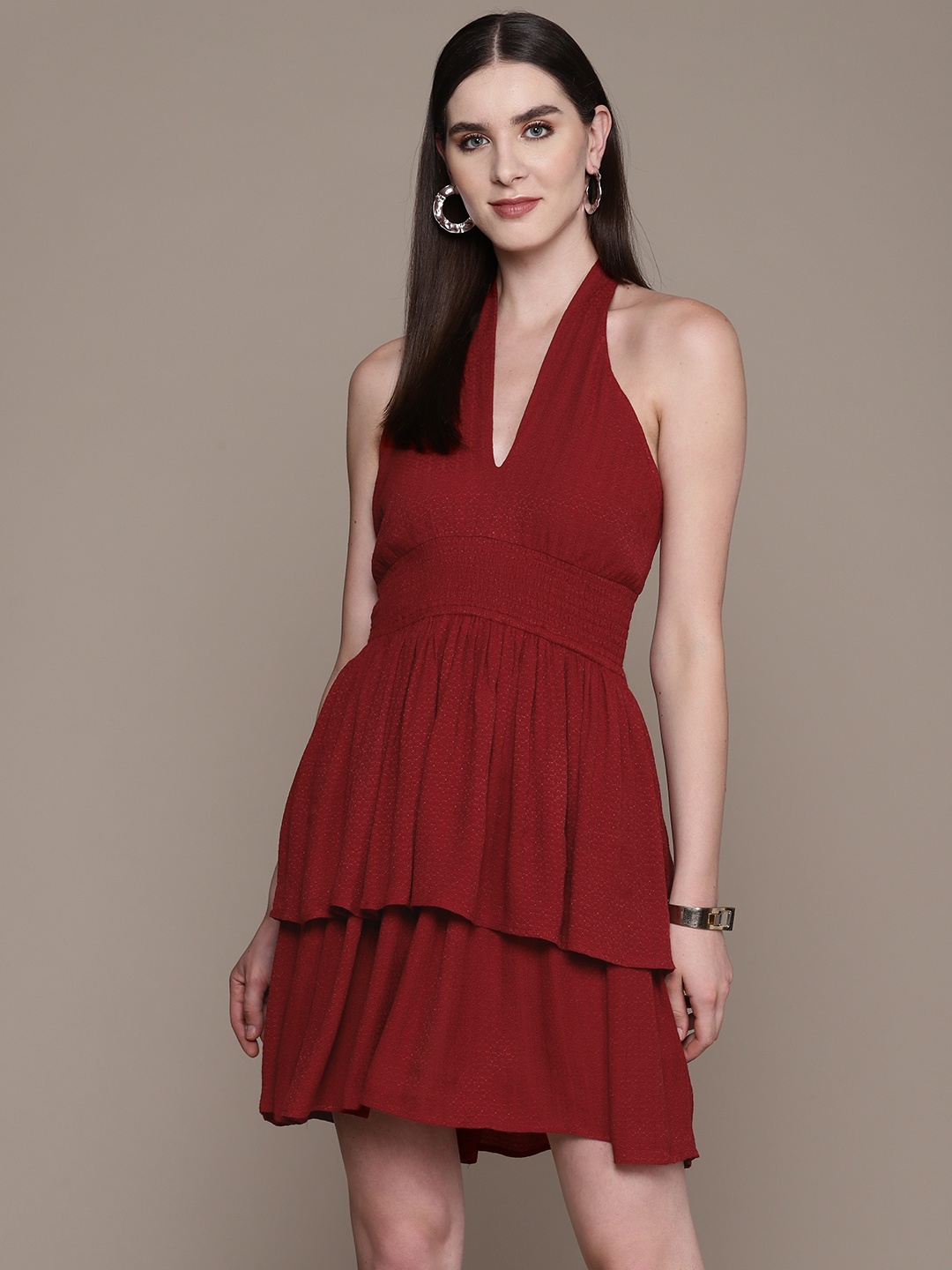 

Label Ritu Kumar Halter Neck Layered Jacquard Fit & Flare Mini Dress, Red