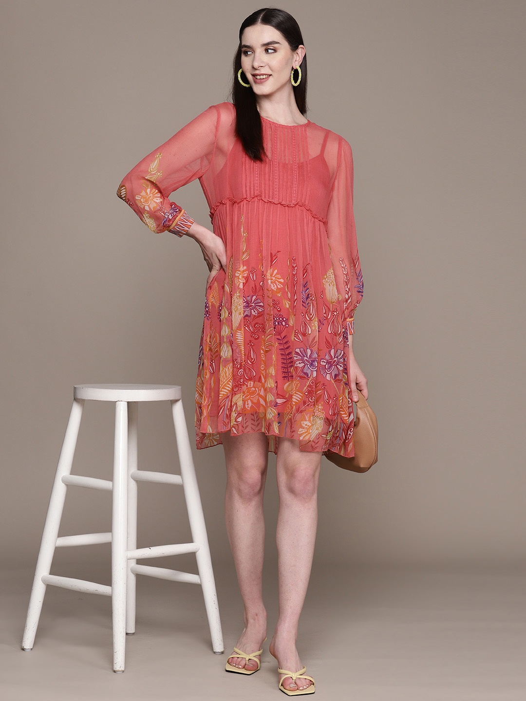 

Label Ritu Kumar Floral Print Chiffon A-Line Dress & Camisole, Coral