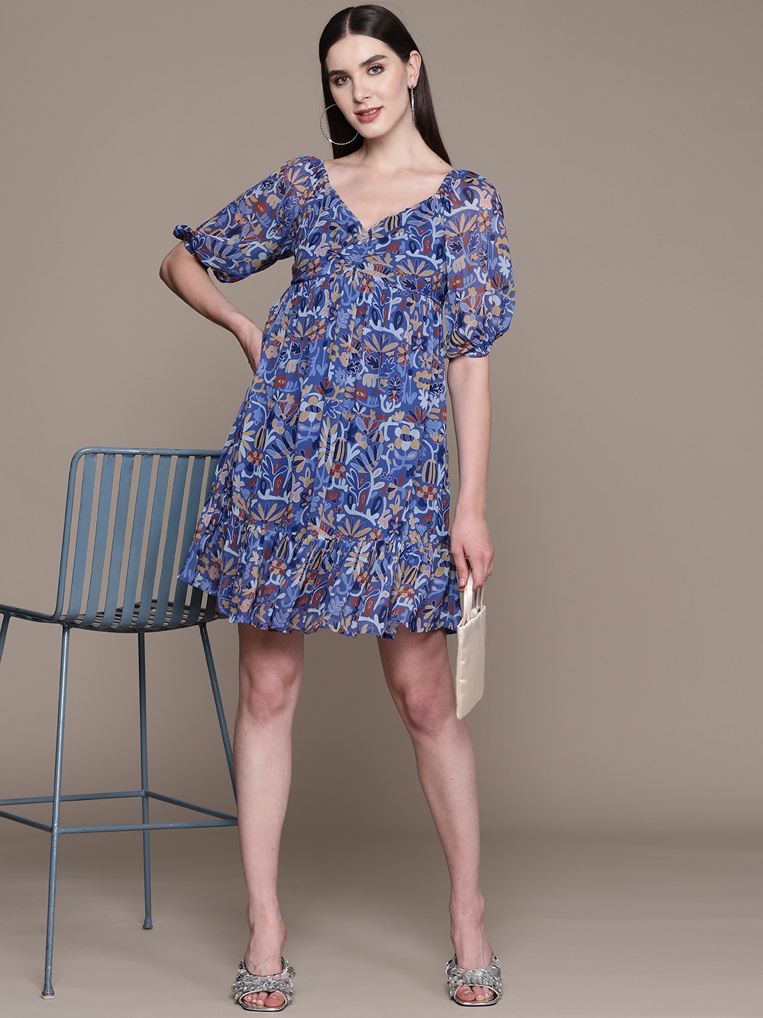

Label Ritu Kumar Floral Print Puff Sleeve Georgette Fit & Flare Dress, Blue