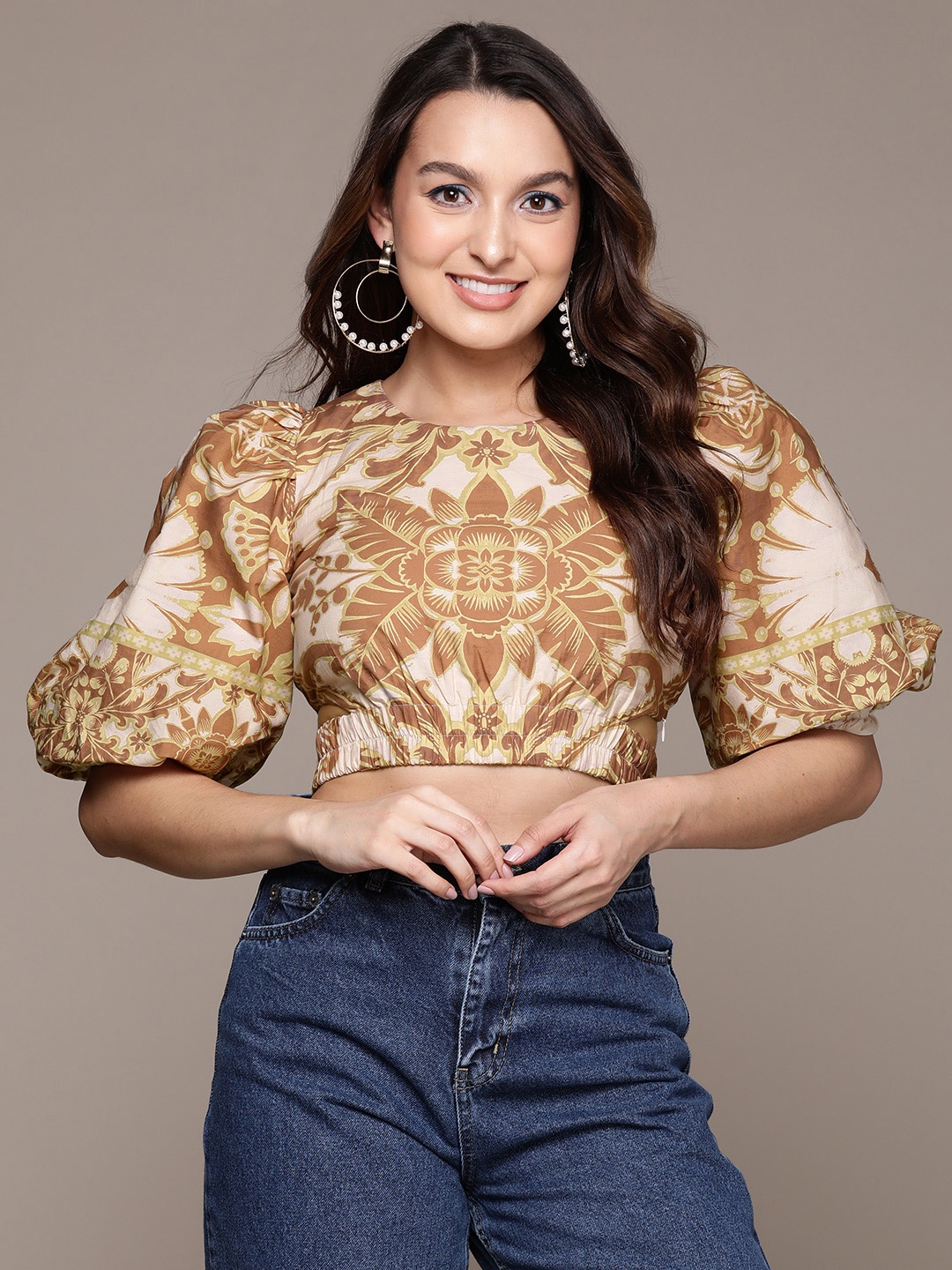 

Label Ritu Kumar Floral Print Puff Sleeve Cotton Crop Top, Brown