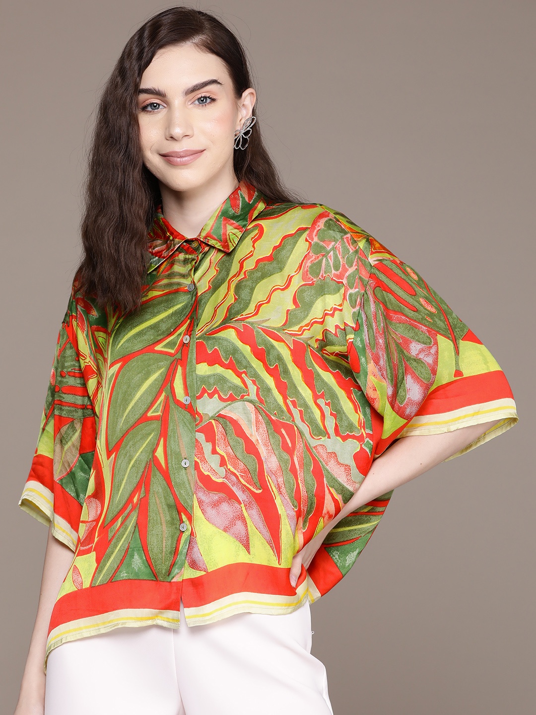 

Label Ritu Kumar Tropical Print Kimono Sleeves Satin Shirt Style Top, Green