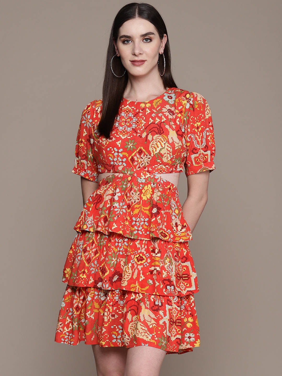 

Label Ritu Kumar Floral Print Puff Sleeve Crepe Fit & Flare Mini Dress, Orange