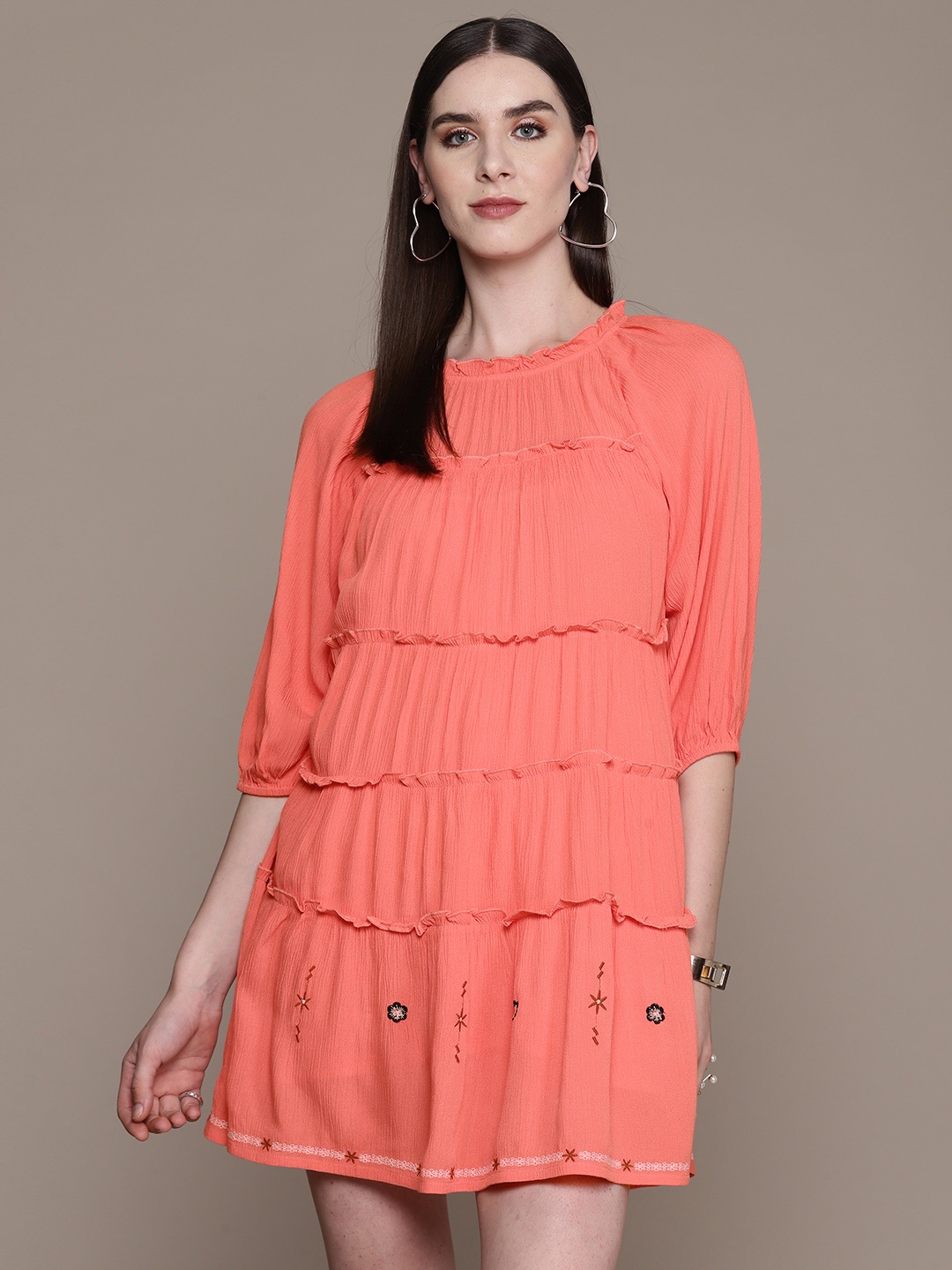 

Label Ritu Kumar Floral Embroidered Puff Sleeve Crepe A-Line Mini Dress, Coral