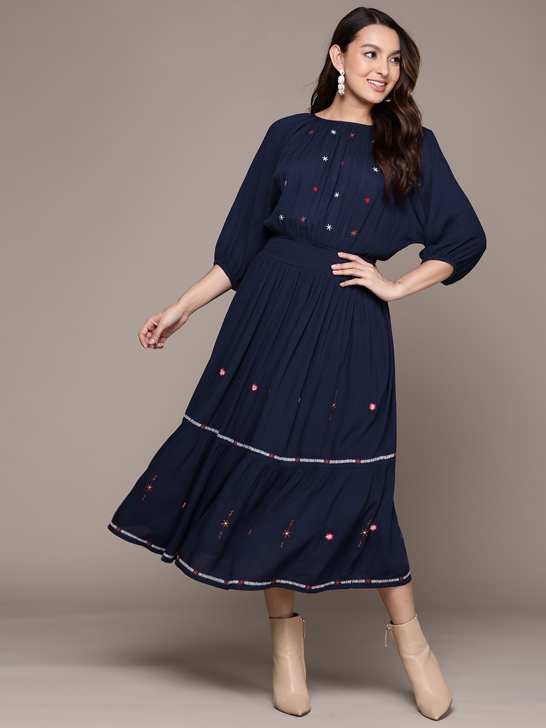 

Label Ritu Kumar Floral Embroidered Puff Sleeve Maxi Midi Dress, Navy blue