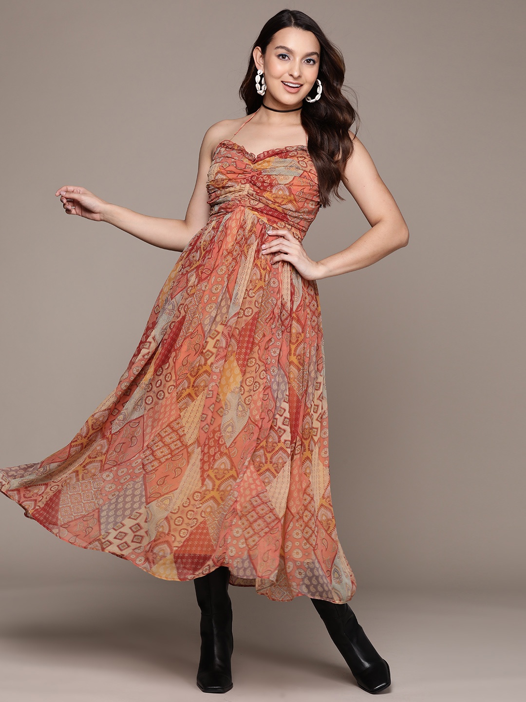 

Label Ritu Kumar Ethnic Motifs Print Halter Neck Chiffon Fit & Flare Midi Dress, Rust